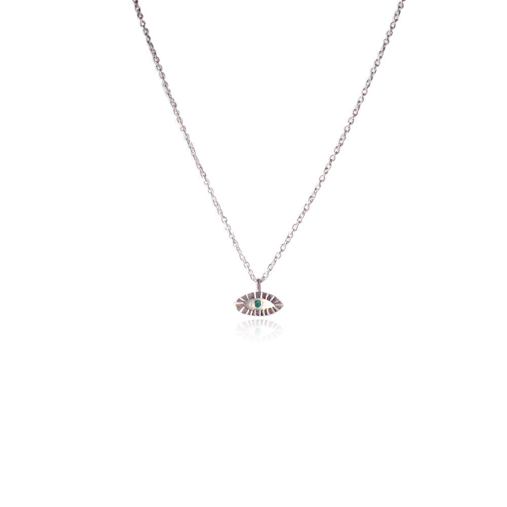 Tiny Eye Necklace, Silver with Emerald